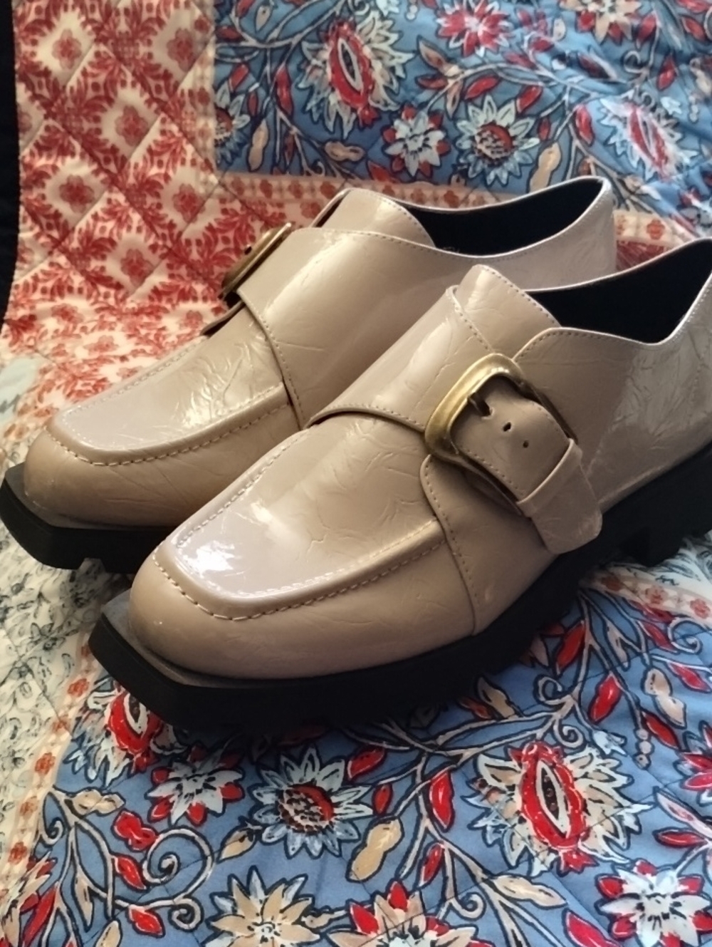 Katy Perry Collections Cream Patent Loafers with Gold Buckle